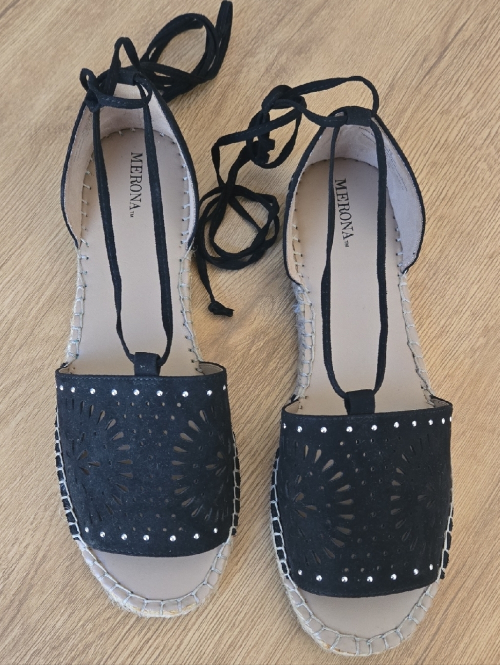Merona Black Laser-Cut Lace-Up Espadrilles with Rhinestone Detail